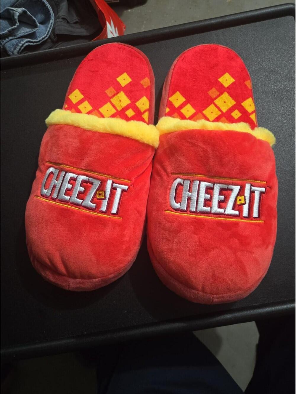 Cheez-It Branded Red Plush Novelty Slippers Size L (approx 10-12M)